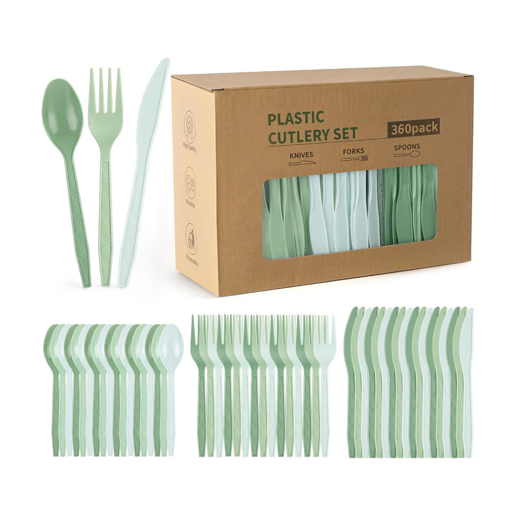 360Pcs Sage Green Plastic Silverware Set, Salad Size Disposable for Dessert