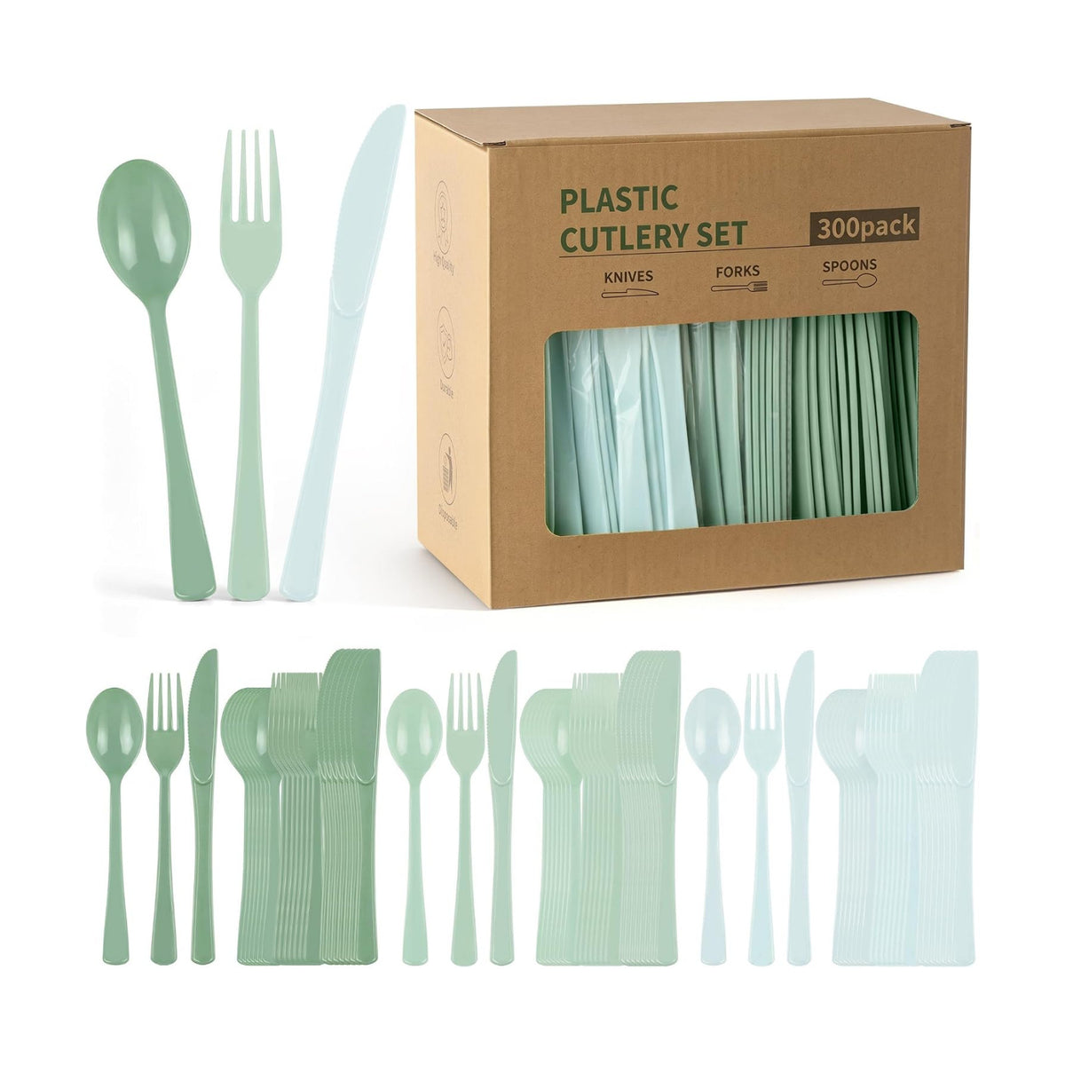 300Pcs Sage Green Plastic Silverware Set, Full Size Disposable for Dinner