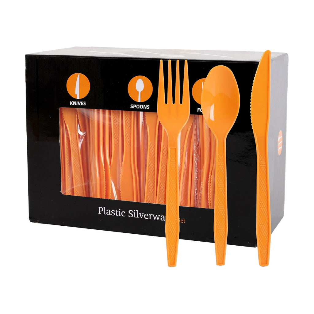 360Pcs Orange Plastic Silverware Set, Disposable Forks Spoons Knives