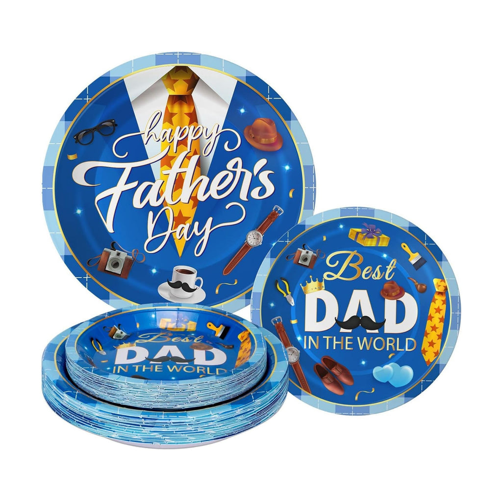 24 Pcs Happy Father's Day Plates Set - Blue Best Dad Paper Plate, Disposable Happy Fathers Day Round Dinner Dessert Plates Tableware for Grandpa Father Days Party Supplies Favors Table Decorations
