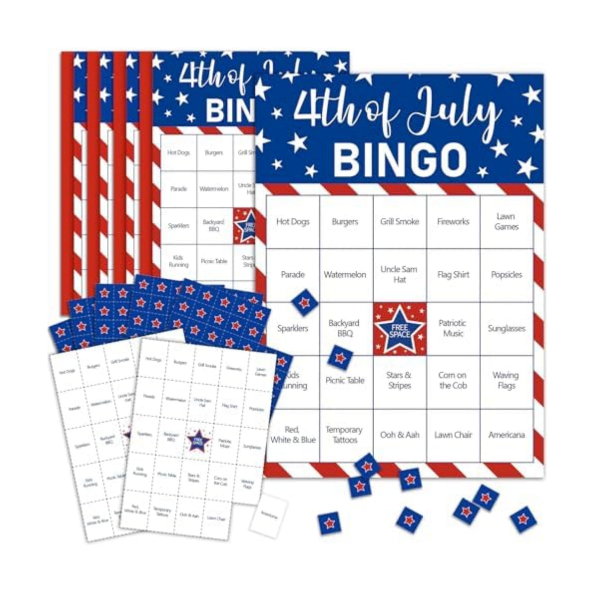 4th of July Bingo Game Set for 24 - Patriotic Party Activities, Independence Day Games for Family Reunion, School & Classroom Decorations – 5" x 7" Cards