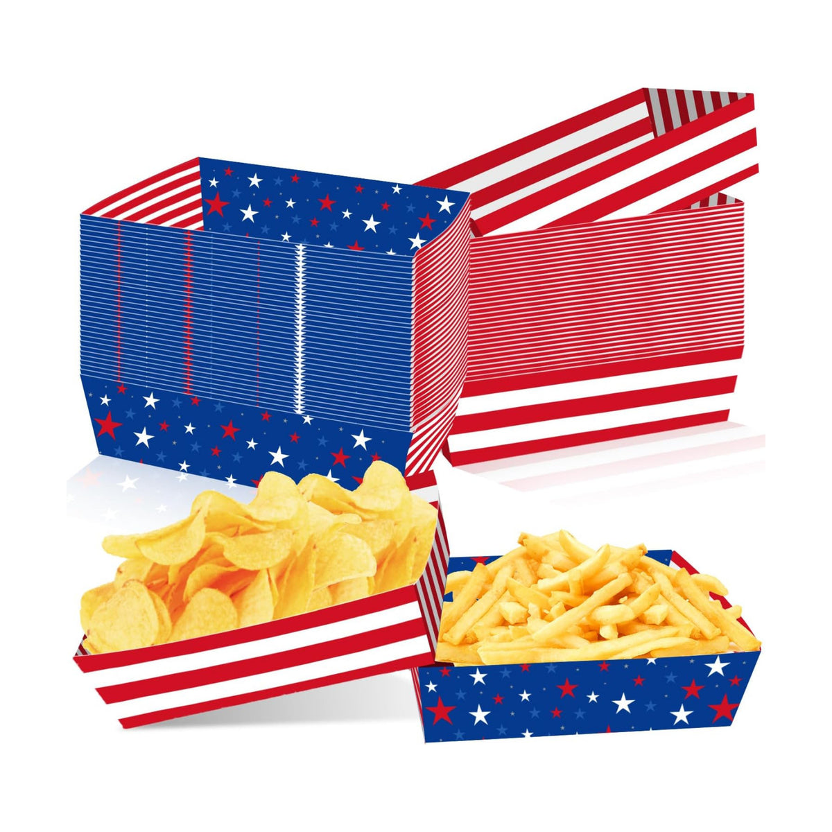 50 Pcs Patriotic Party Snack Trays, Disposable American Flag Paper Serving Boats, Red White and Blue Food Trays for July 4th, Memorial Day & USA Themed Events – 2 Designs
