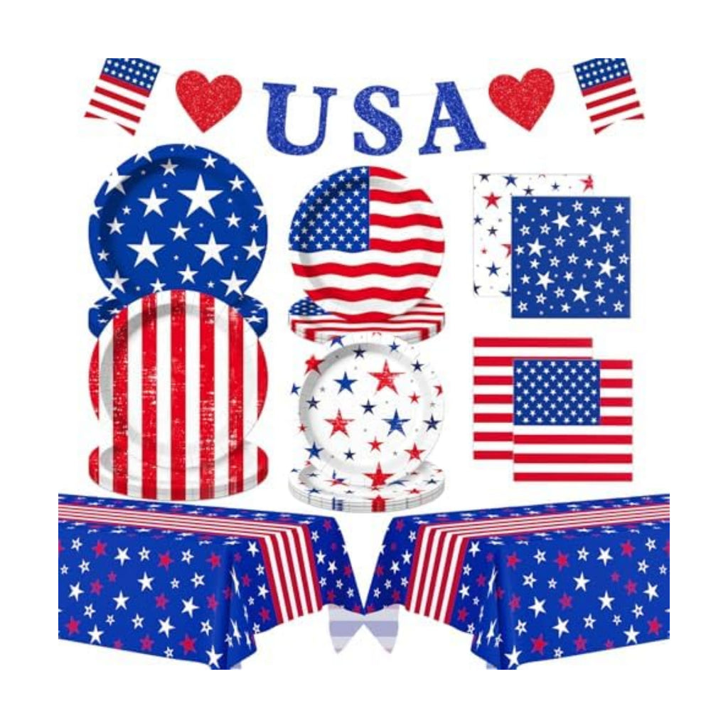 4th of July Decorations - Patriotic Party Supplies Set for 24 - Red White and Blue Tableware Kit with Plates, Napkins, Tablecloth and Glitter Banner for Independence & Election Day