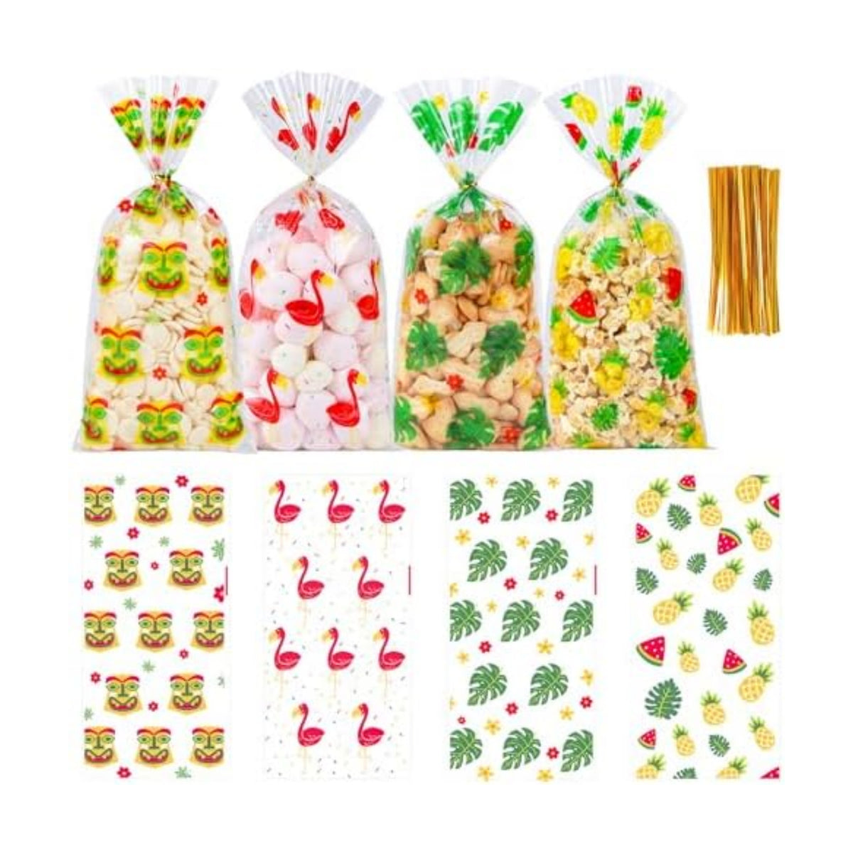 50Pcs Hawaiian Tropical Cellophane Treat Bags - 5x11 Inch Pineapple Flamingo Goodie Bags with 60 Twist Ties, Clear Plastic Candy Bag for Luau Beach Summer Party Favors, Tiki Bar & Jungle Theme Supply