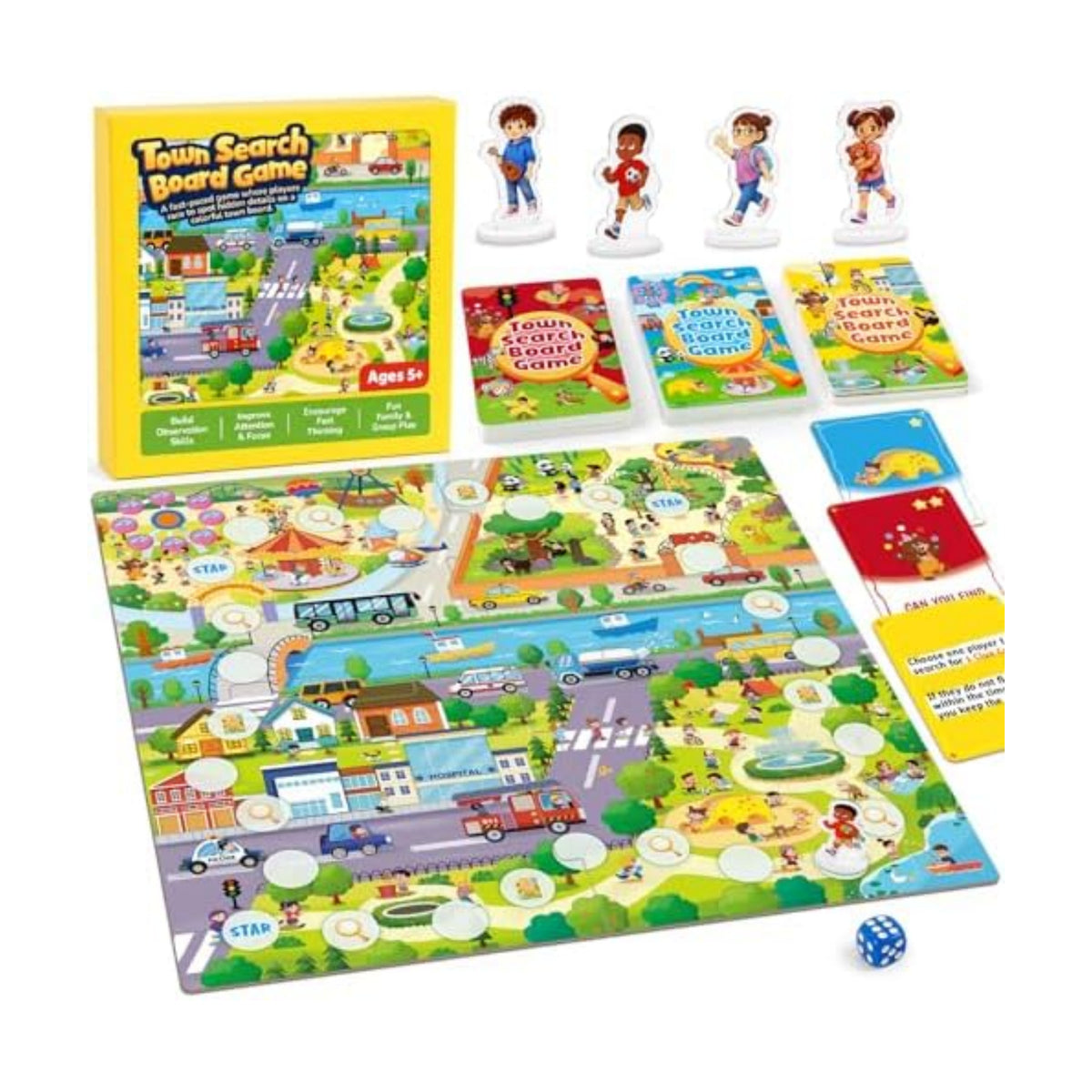 Town Search Board Games, Family Games for Kids Ages 5 6 7 8-12, 2-4 Players, Educational Board Game for Boys Girls 5+, Back to School Gifts for Classroom & Family Nights & Parties