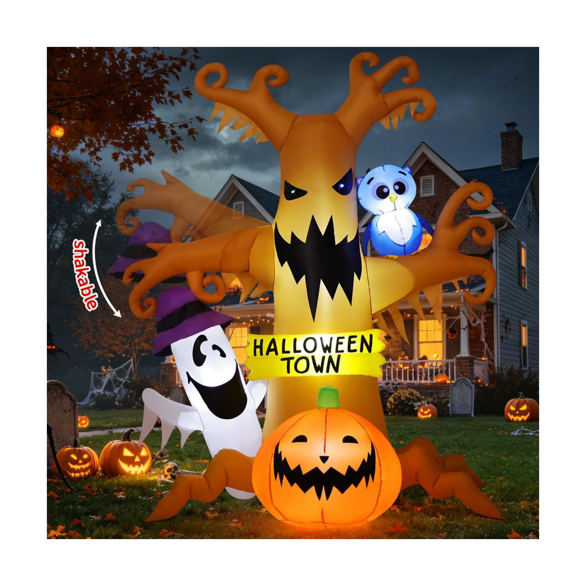GOOSH 8 FT Halloween Inflatables Dead Tree Outdoor Decorations with Owl Ghosts and Pumpkins, Blow Up Yard Decorations with Built-in LED Lights for Outdoor Party Garden Lawn Decor (Movable)