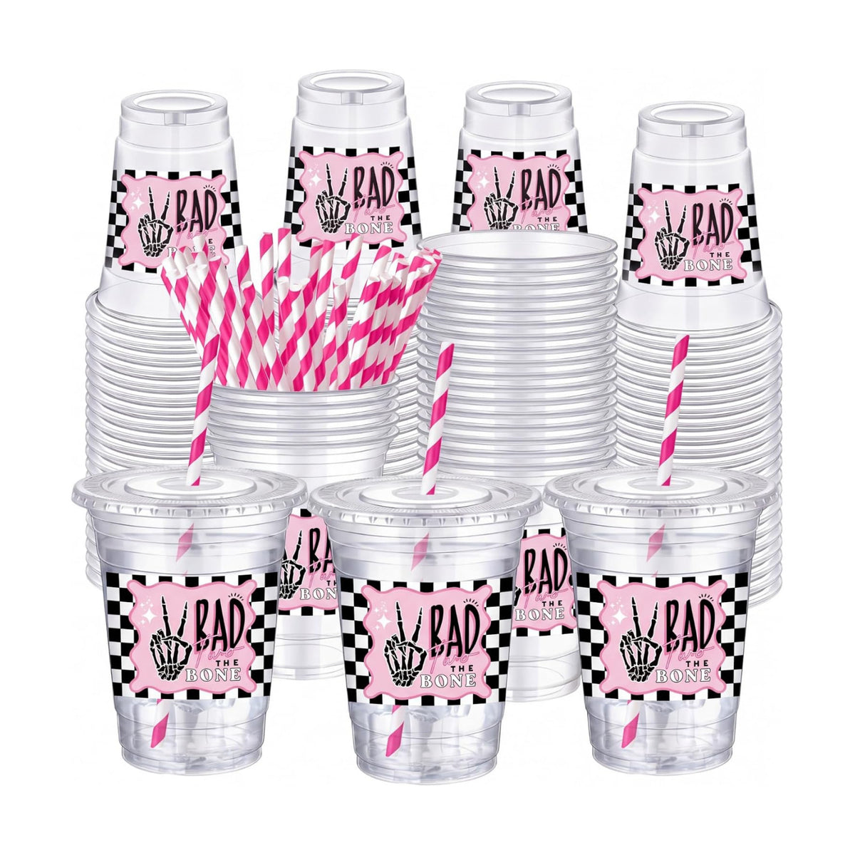 FillTouch 50 Pcs Halloween Bad Two The Bone Plastic Cups with Lids Straws