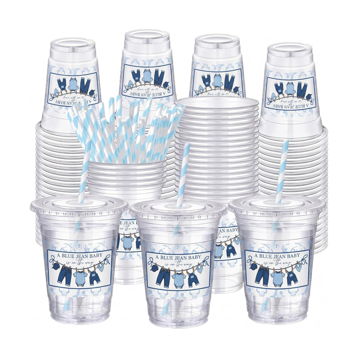 FillTouch 50 Pcs a Blue Jean Baby Is on the Way Cups Bulk Blue Jean Baby Shower Party Decoration Denim Theme Plastic Cups Rustic Cowboy Disposable Tumblers for Birthday Gender Reveal Party Supplies