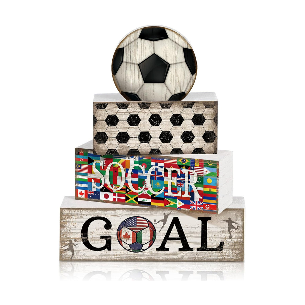 Moucuny 4 Pcs Soccer Centerpieces Table Wooden Block Signs Ball Topper
