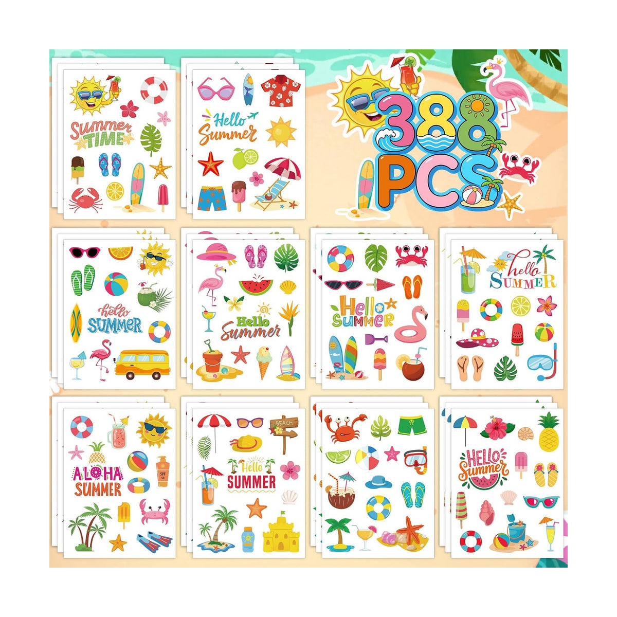 388Pcs Beach Ocean Summer Stickers Bulk for Beach Tropical Party Favors