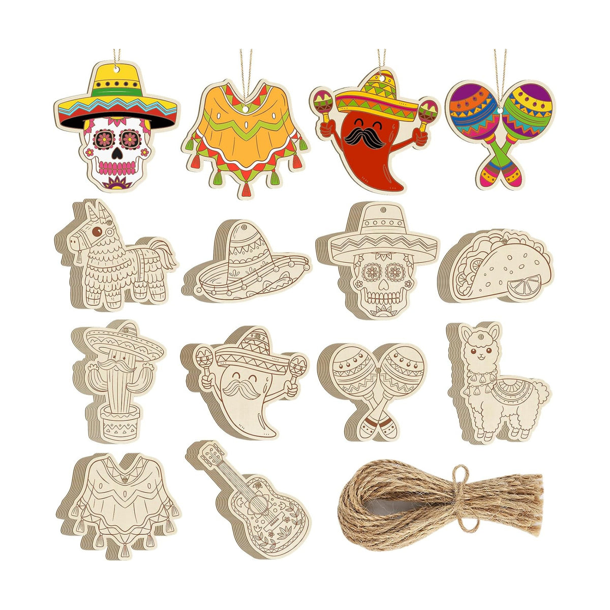 80PCS Wooden Cinco De Mayo Crafts Decorations Mexico Crafts for Kids Fiesta Party Ornaments to Paint, 10 Styles DIY Blank Unfinished Cutouts for Tree Hanging Mexican Theme Carnival Taco Birthday Party