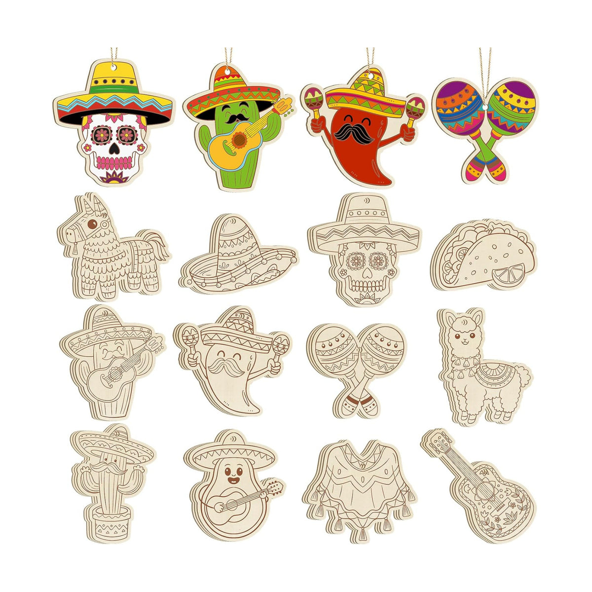 36PCS Wooden Cinco De Mayo Crafts Decorations Mexico Crafts for Kids Fiesta Party Ornaments to Paint, 12 Styles DIY Blank Unfinished Cutouts for Tree Hanging Mexican Theme Carnival Taco Birthday Party