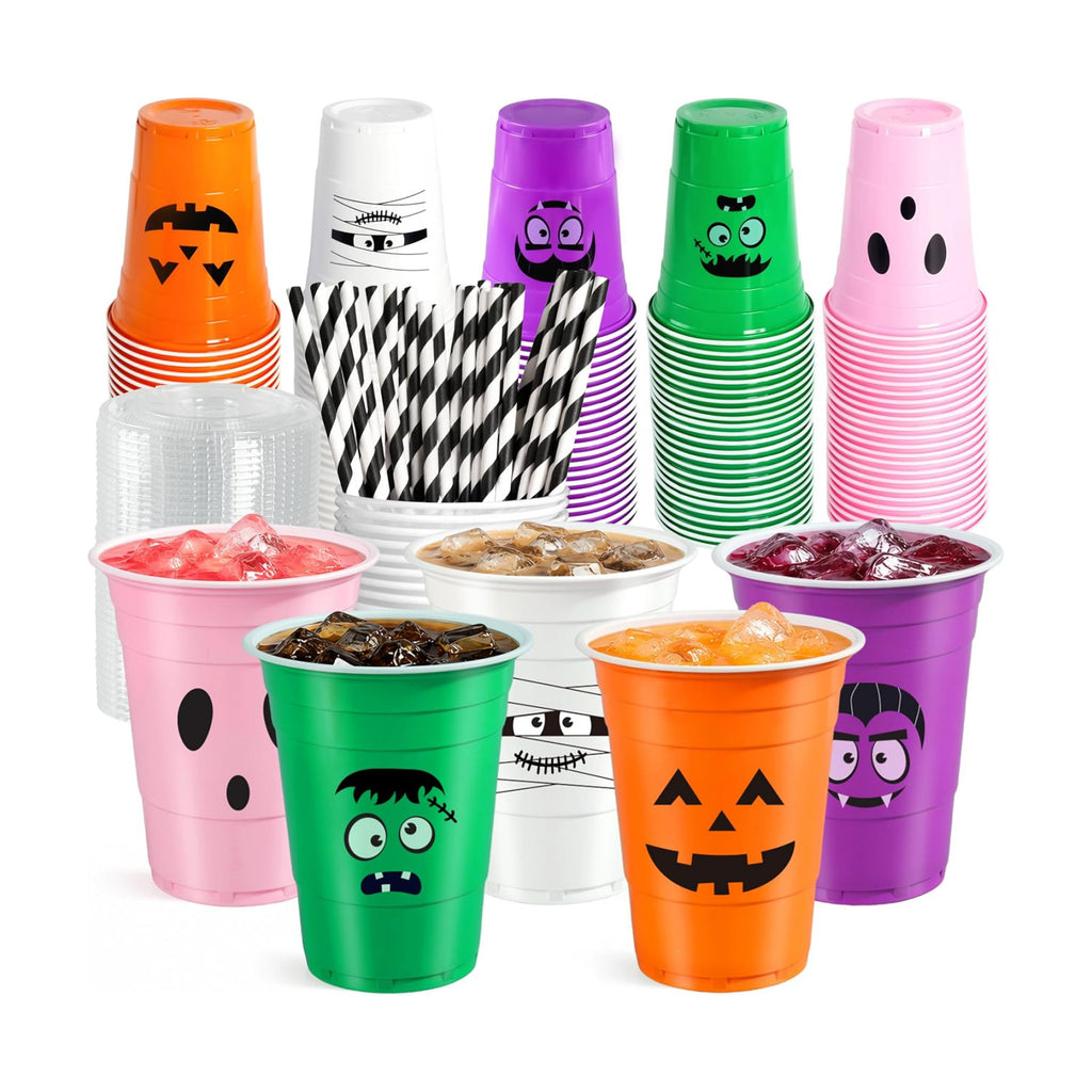 Halloween Plastic Cups with Lids & Straws for Trick or Treat Party Supplies