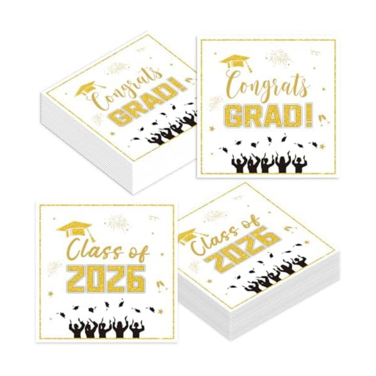 50 Pack Graduation Paper Napkins, Disposable White and Gold Graduation Napkins, Class of 2026 Napkins for Graduation Celebration Party Supplies