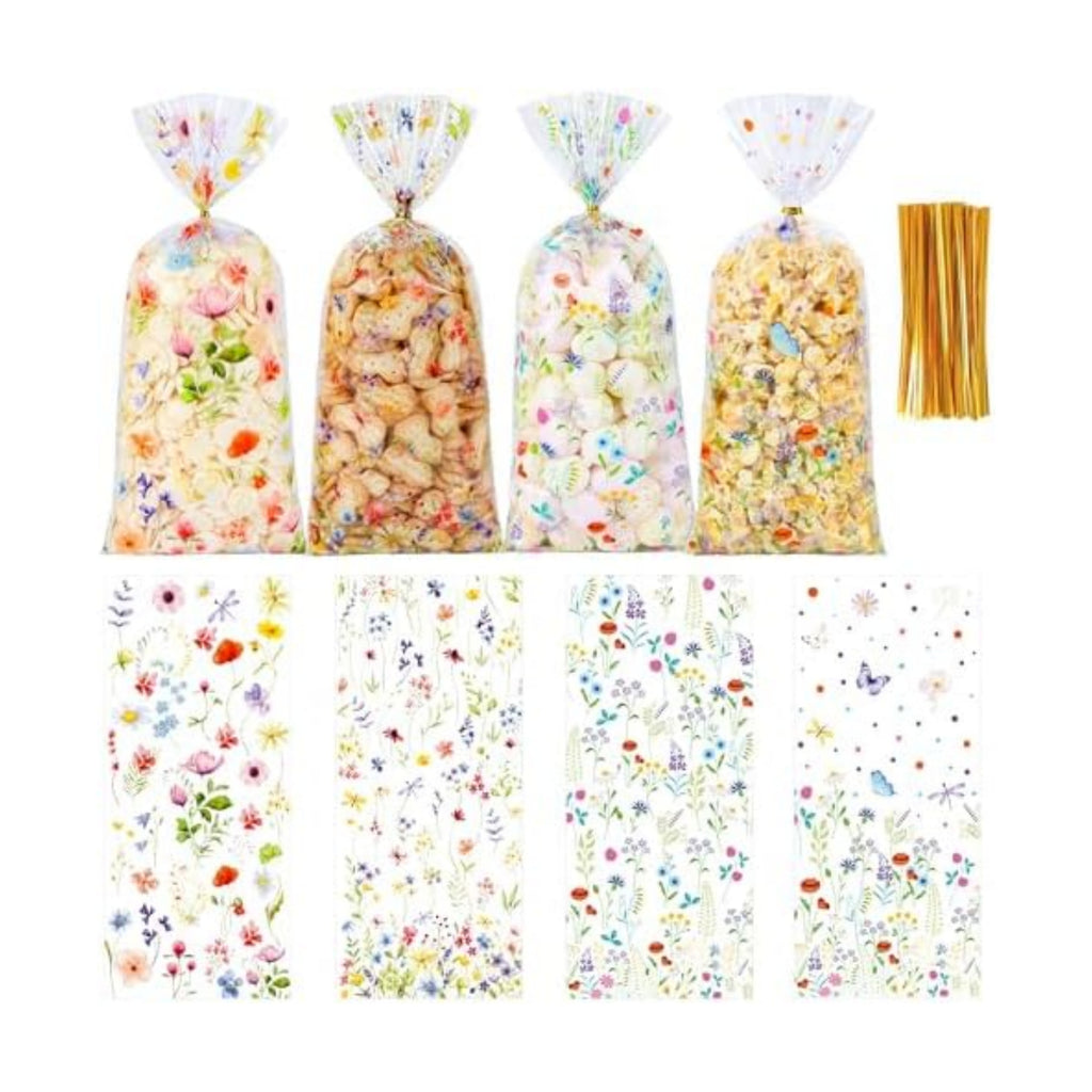 QOIUSO 50 PCS Wildflower Party Cellophane Treat Bags - 4.9 x 10.8 Inch Plastic Floral Party Favor Bags with Twist Ties - Clear Candy & Cookie Gift Bags for Baby Shower, Bridal, Wedding, Birthday