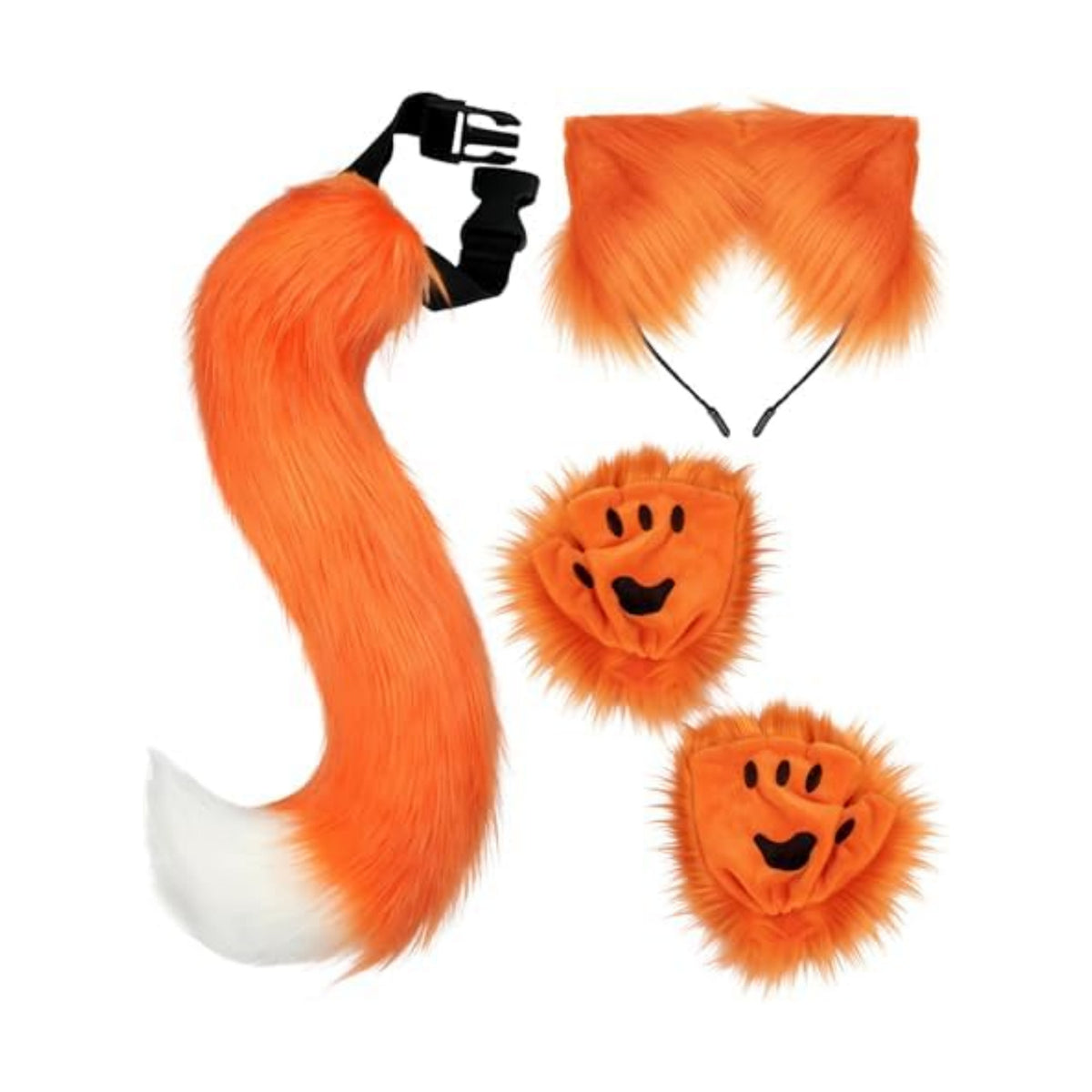 Cat Ears and Tail,Wolf Fox Ears Long Tail and Bell Lace Choker Set for Halloween,Animal Cosplay Party Costume