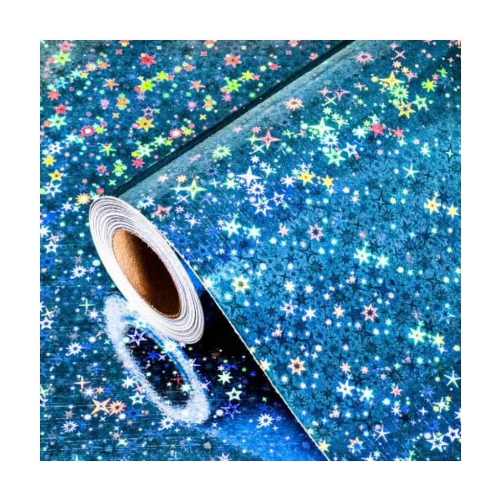 Burymento Blue Wrapping Paper Roll, Metallic Holographic Star Space Gift Wrap for Birthday, Valentines, Mothers day, Graduation, Wedding, Fathers day, Baby Shower, Christmas (17 IN x 32.8 FT)