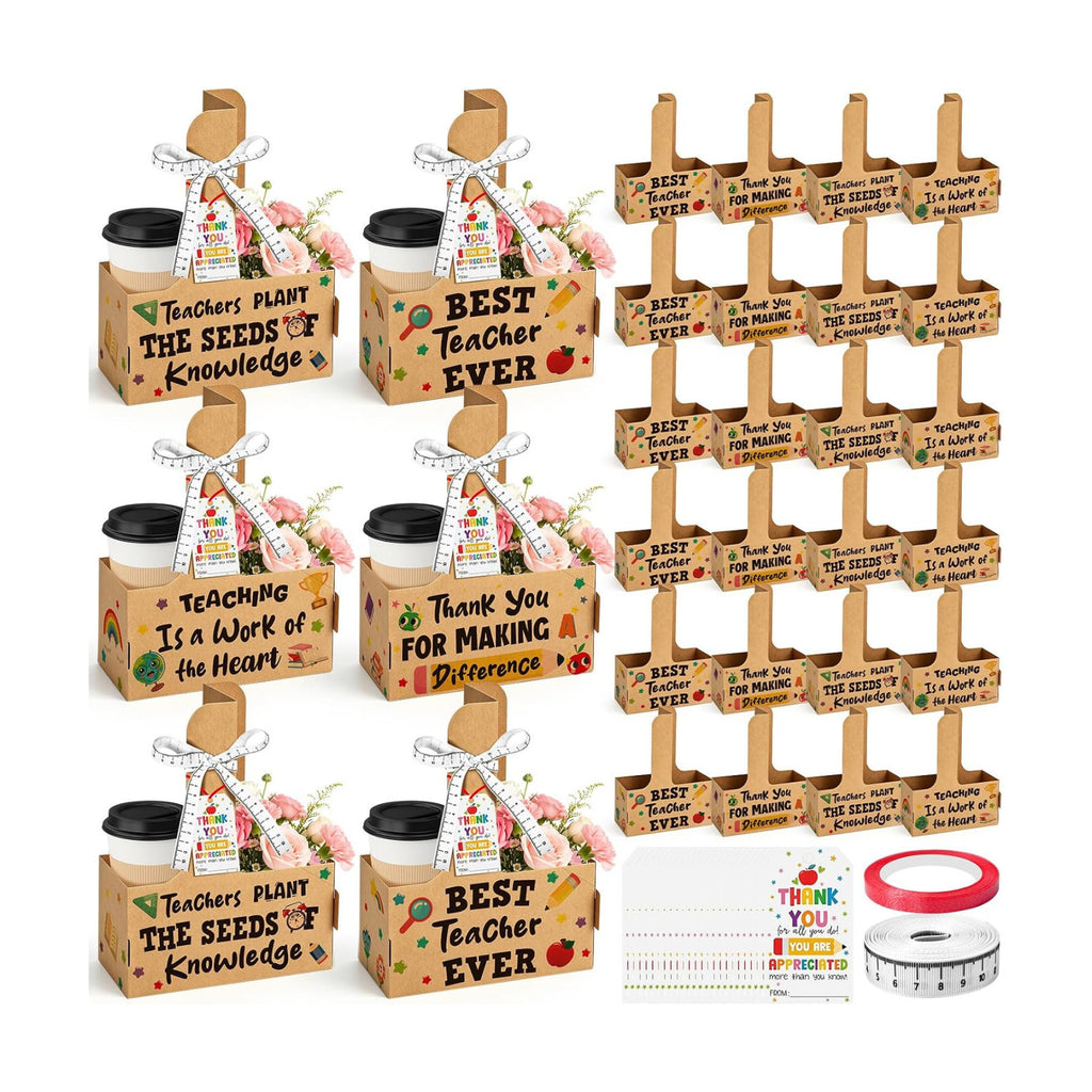 Cinrobiye 24 Pack Christmas Teacher Gift Drink Carriers with Handles,Holiday Coffee Cup Holder Gift Boxes with Cards & Ribbons,Teacher Appreciation Gifts for Christmas
