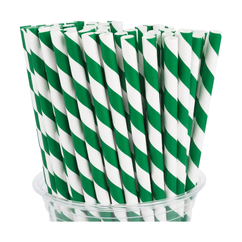 100 Packs Dark Green Biodegradable Striped Paper Straws, Dark Green and White Disposable Drinking Straws for Birthday Carnival Summer Pool Party Wedding Halloween Christmas Party Decoration Supplies