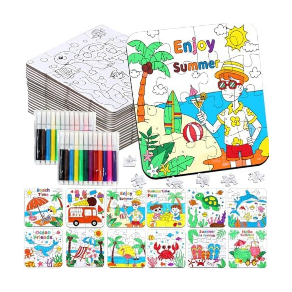 24Set Summer Arts & Crafts for Kids Adults Bulk, Hawaiian Summer Activity DIY Puzzle Kit with Beach Tropical Palm Tree, Luau Ocean Theme Painting for Classroom Party Favors Gift Coloring Game Supplies