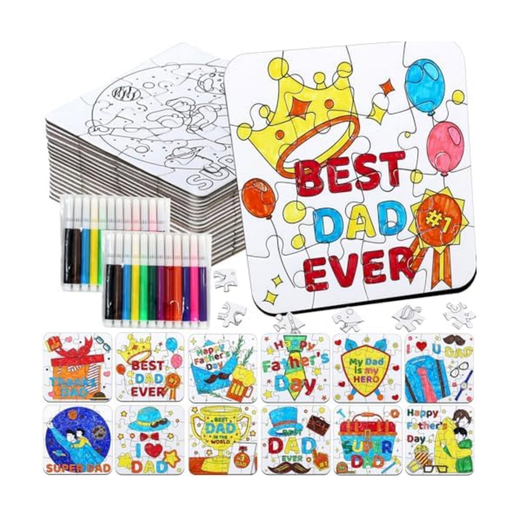 24 Set Fathers Day Crafts for Kids Classroom Bulk, Father's Day Arts DIY Jigsaw Puzzle with Shirt Hat Crown, Summer Camp Best Dad Activity Painting Kit for School Gifts Coloring Games Party Favors