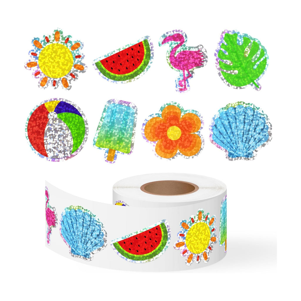 500Pcs Summer Stickers Roll for Kids Holographic Hawaiian Luau Tropical Beach Self-Adhesive Decals Seasonal Party Favors DIY Crafts Teacher Rewards Gifts for Water Bottles Scrapbooking Decoration