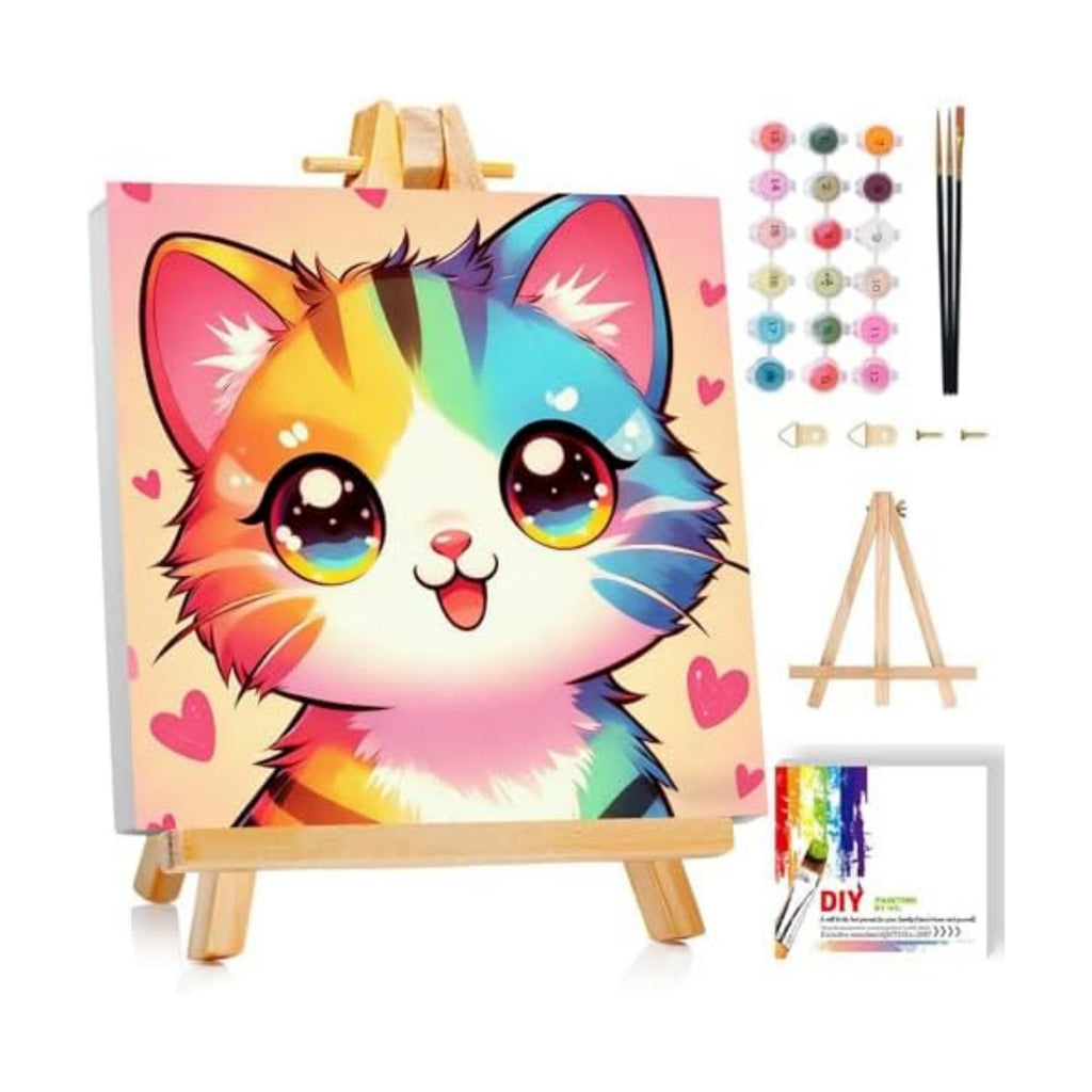 Gemozaic Cat Paint by Numbers Kit for Kids with Frame and Easel, 8 x 8 in
