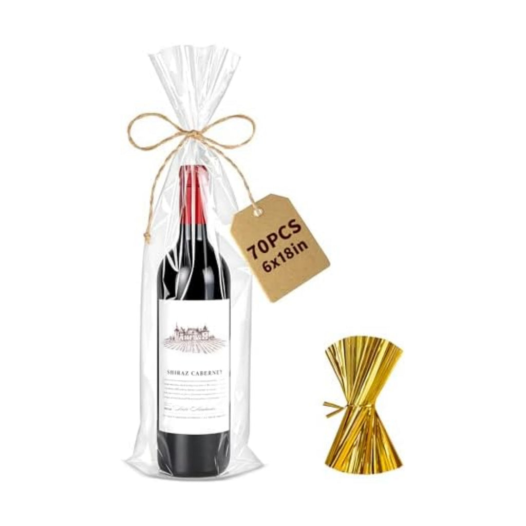 Yuiicaov Cellophane Bags for Wine Bottles, 6x18 Inches 70Pcs Clear Wine Gift Cello Bags With Twist Ties, Clear Treat Bags Packaging for Wine Champagne (Flat, No Gusset)