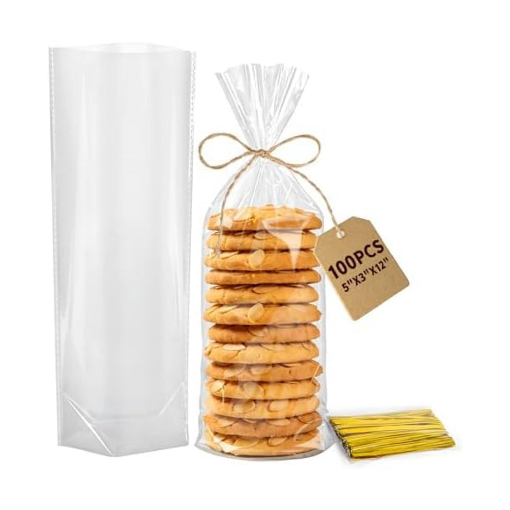 Flat Bottom Cellophane Bags with Twist Ties, 100 Pcs 5x3x12 Inches Cellophane Wrap for Gift Clear Cello Bags Flat Bottom Clear Treat Bags Plastic Packaging for Cookie Candy Goodie (No Side Gusset)
