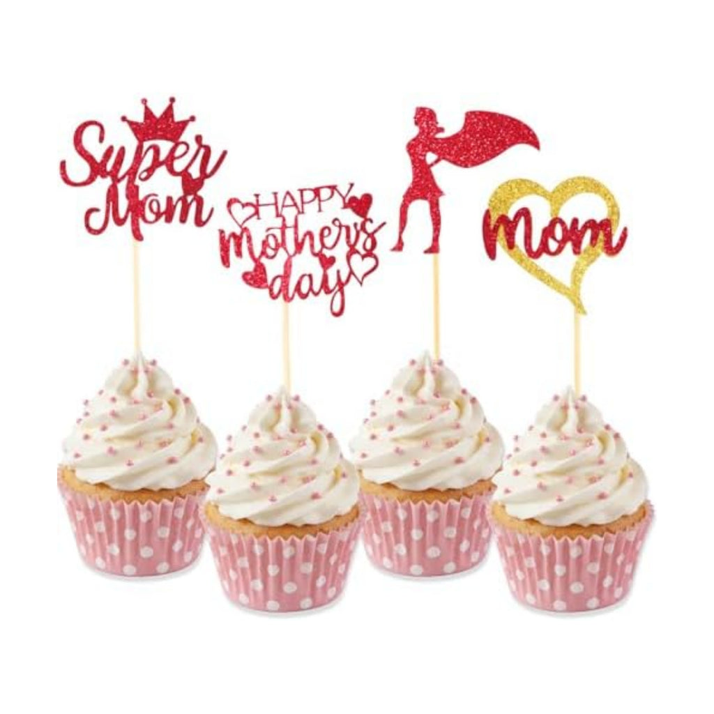 Mothers Day Cupcake Toppers, 24 PCS Mothers Day Party Decorations, Glitter Red Happy Mother's Day Super Mom Cupcake Toppers Cake Decorations Food Picks for Mother's Day Party Decoration Supplies