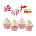 Mothers Day Cupcake Toppers, 24 PCS Mothers Day Party Decorations, Glitter Red Happy Mother's Day Super Mom Cupcake Toppers Cake Decorations Food Picks for Mother's Day Party Decoration Supplies