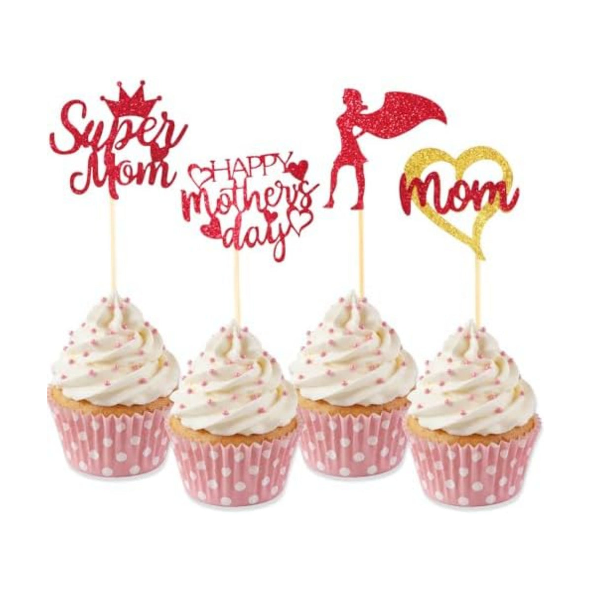 Mothers Day Cupcake Toppers, 24 PCS Mothers Day Party Decorations, Glitter Red Happy Mother's Day Super Mom Cupcake Toppers Cake Decorations Food Picks for Mother's Day Party Decoration Supplies