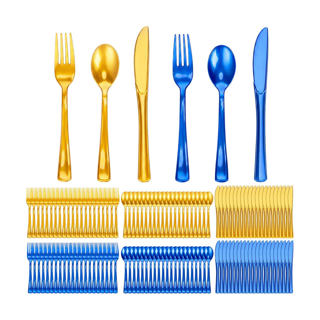 Minatee 180 Pcs Blue and Gold Plastic Silverware Heavy Duty Cutlery Sets Disposable Utensils for Holiday Birthday Themed Party Supplies, 60 of Each Forks Knives Spoons