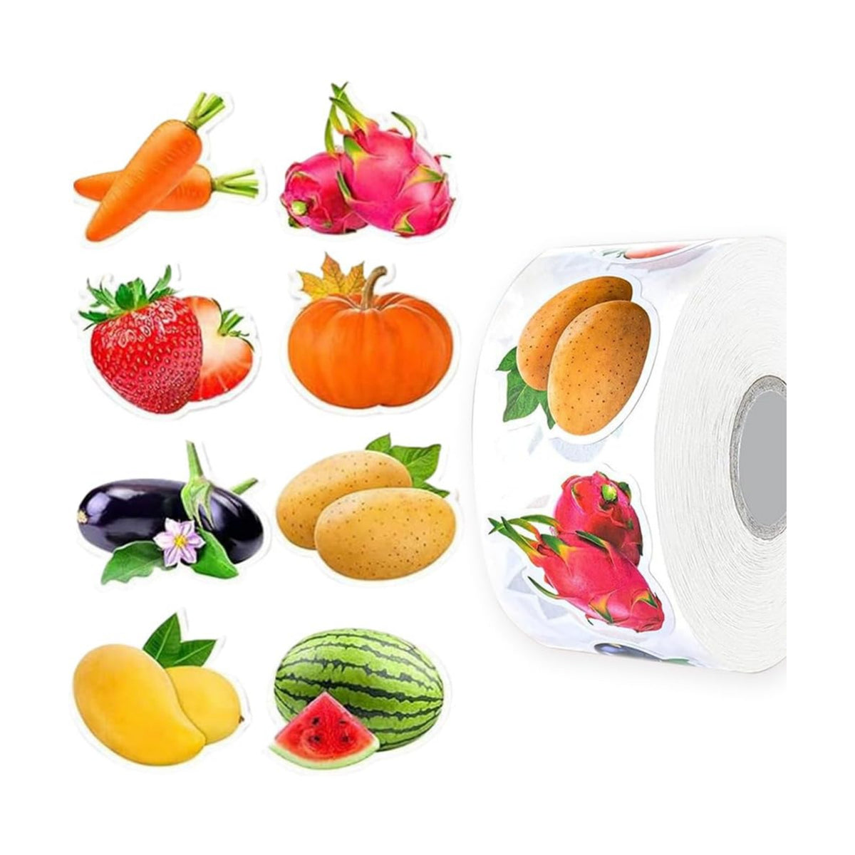 500PCS Fruit Stickers Rolls 8 Styles Summer Fruits and Vegetables Sticker 1in Self-Adhesive Waterproof Vinyl Stickers Decor for Birthday Party Envelopes Scrapbook Decorations