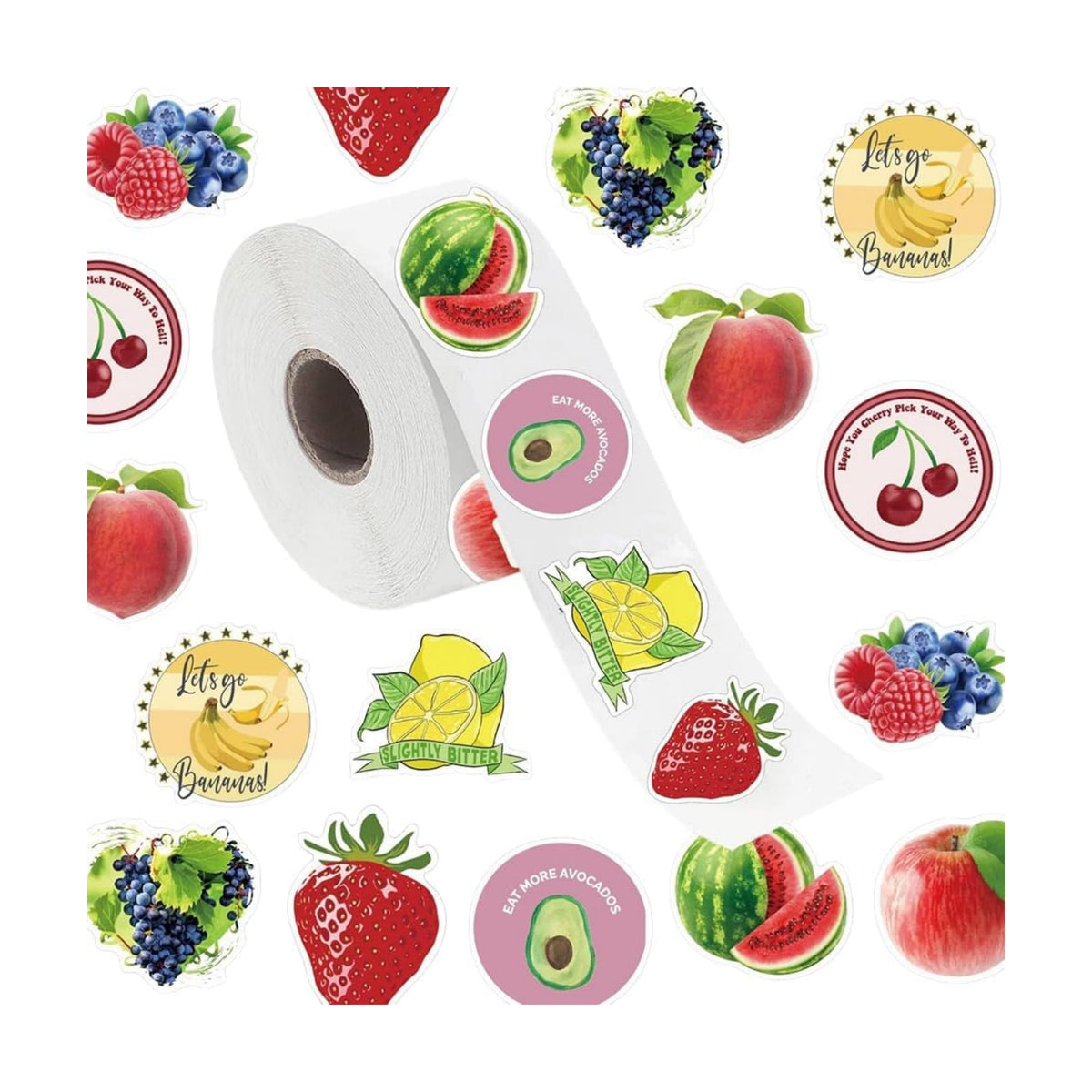 500PCS Fruit Stickers Rolls 8 Styles Summer Fruits Sticker 1in Self-Adhesive Waterproof Vinyl Stickers Decor for Back to School First Day of School Party Supplies Envelope Scrapbook Decorations