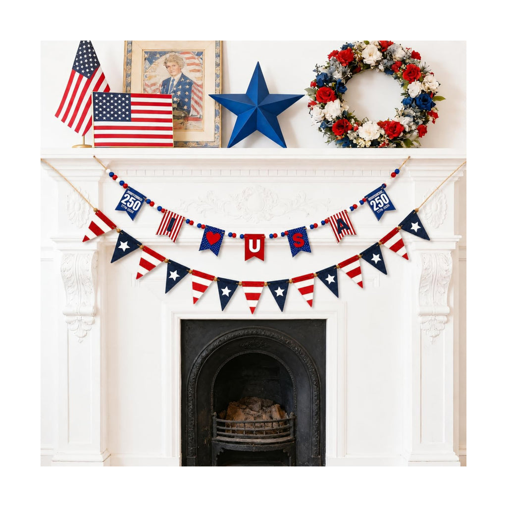 9.8 FT 4th of July Patriotic Garland, 2Pcs Independence Day American Flag Wood Bead Garland for Mantel, Red White Blue 4th of July Decorations for Home Wall Independence Day Memorial Day Decor