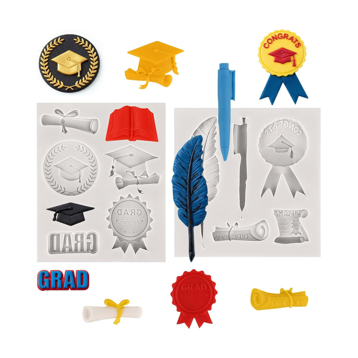 Sakolla 2 Pack 2026 Graduation Candy Chocolate Molds, Doctoral Cap Diploma Scroll Badge Pen Shape Fondant Silicone Molds for Party Cake Decoration（Mini/Grey）