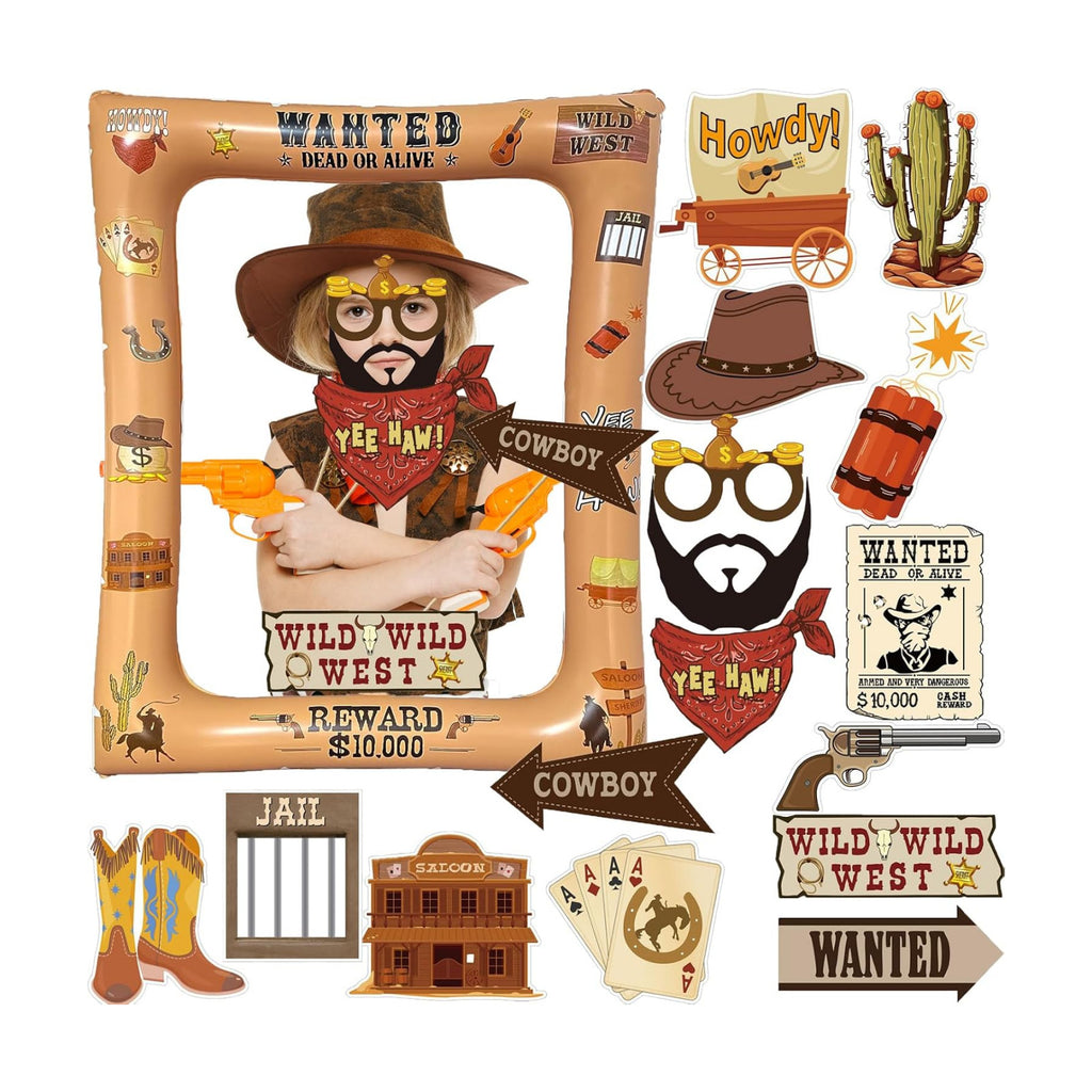 16 Pcs Western Cowboy Photo Booth Props with Inflatable Selfie Frame, Wild West Themed Party Decoration for Country Rustic Cowboy Party Selfie Supplies