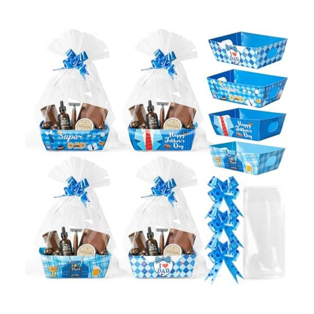 OSNIE Dad Empty Gift Baskets for Father's Day - 24 Sets Happy Father’s Day Blue Basket Bulkor Gifts Empty with Cellophane Basket Bags Ribbons Bows, Dad Theme Party Favors for Anniversary Birthday