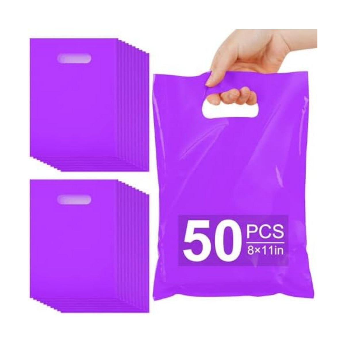 VieFantaisie 50 PCS Purple Party Favor Bags, 8" x 11" Goodie Bags for Candy Treat Craft Easter Egg, Plastic Gift Bag with Die Cut Handles for Birthday Party, School Events & Small Business, Wedding