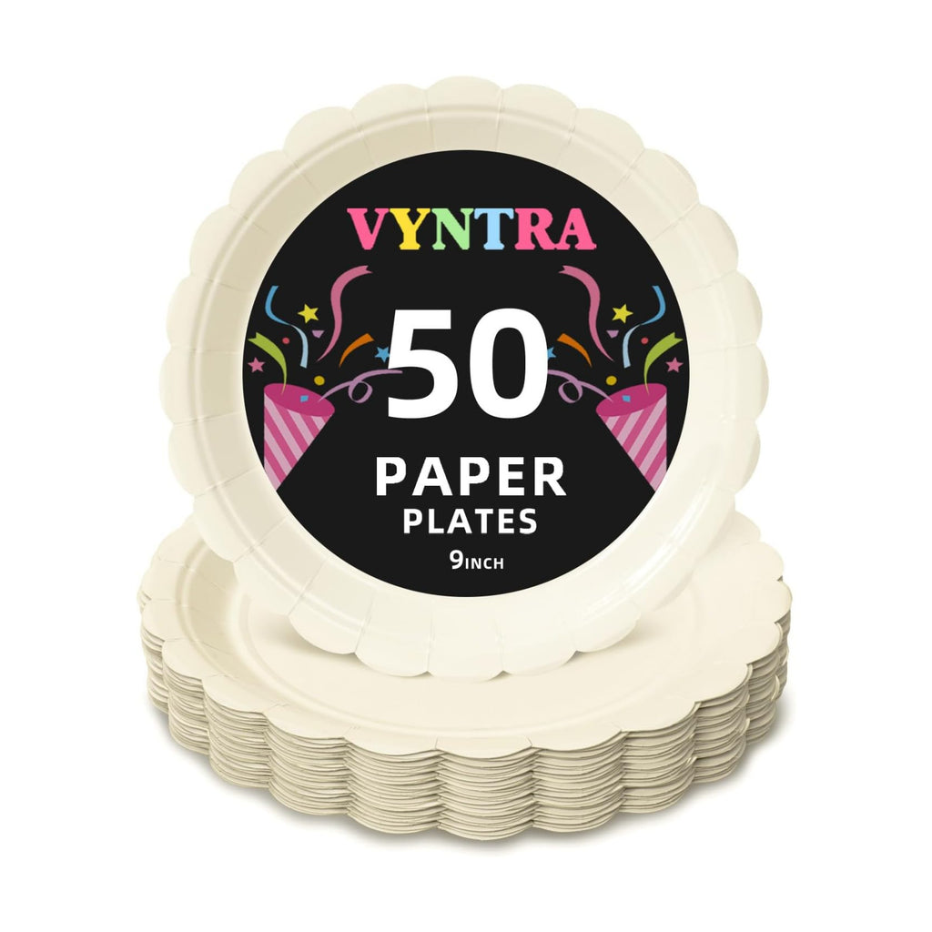 Vyntra 50 Pcs Ivory 9 Inch Scalloped Paper Dinner Plates