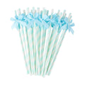 24 Packs Blue Bow Biodegradable Striped Paper Straws, Blue and White Disposable Drinking Straws for Birthday Carnival Summer Pool Party Wedding Baby Shower Halloween Party Decoration Supplies