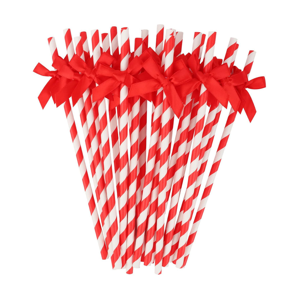24 Packs Red Bow Biodegradable Striped Paper Straws, Red and White Disposable Drinking Straws for Birthday Carnival Summer Pool Party Wedding Baby Shower Halloween Christmas Party Decoration Supplie