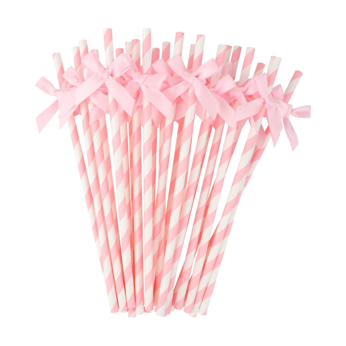 24 Packs Pink Bow Biodegradable Striped Paper Straws, Pink and White Disposable Drinking Straws for Birthday Carnival Summer Pool Party Wedding Baby Shower Halloween Party Decoration Supplies