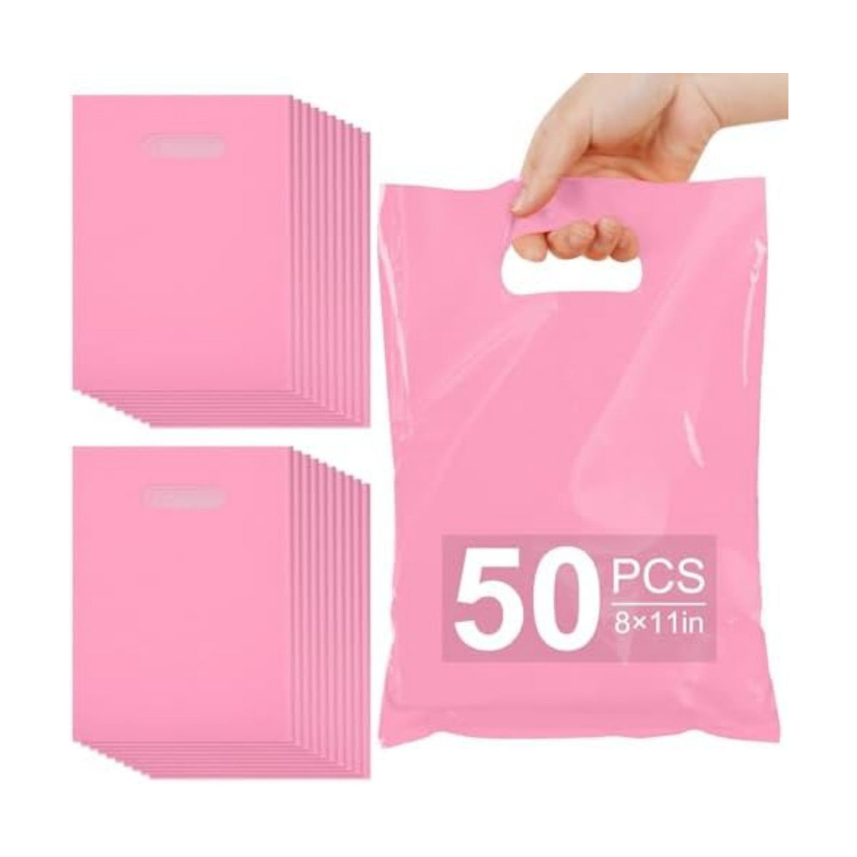 VieFantaisie 50 PCS Pink Party Favor Bags, 8" x 11" Goodie Bags for Candy Treat Craft Easter Egg, Plastic Gift Bag with Die Cut Handles for Birthday Party, School Events & Small Business, Wedding
