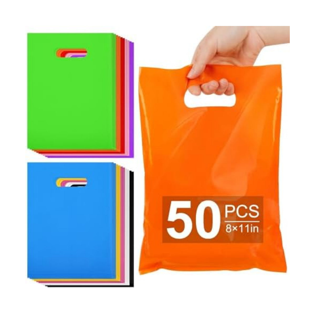 VieFantaisie 50 PCS Party Favor Bags, 8" x 11" Goodie Bag for Candy Treat Crafts, Plastic Gift Bags Bulk with Handle for Birthday Party, School Events, Thanksgiving, Christmas, Halloween, 10 Colors