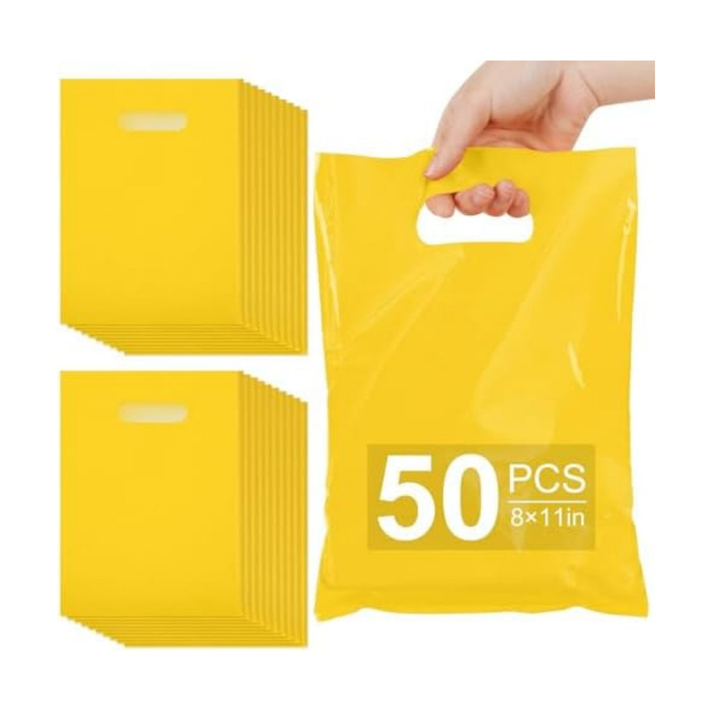 VieFantaisie 50 PCS Yellow Party Favor Bags, 8" x 11" Goodie Bags for Candy Treat Craft Easter Egg, Plastic Gift Bag with Die Cut Handles for Birthday Party, School Events & Small Business, Wedding