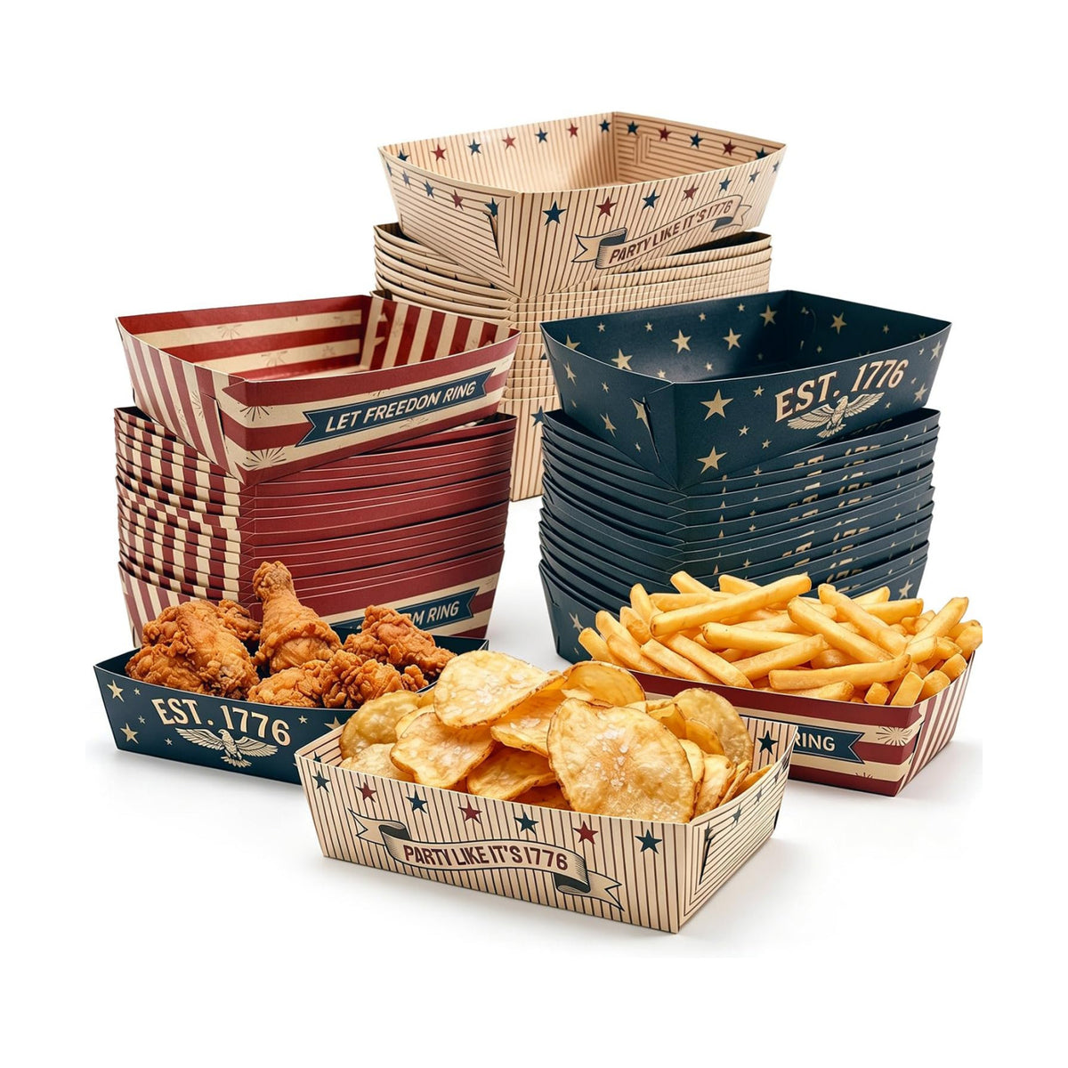 48 Pcs Vintage Patriotic Snack Trays, Disposable American Heritage Serving Boats, Red White and Blue Food Trays for July 4th, BBQs & Patriotic Celebrations – 3 Unique Designs