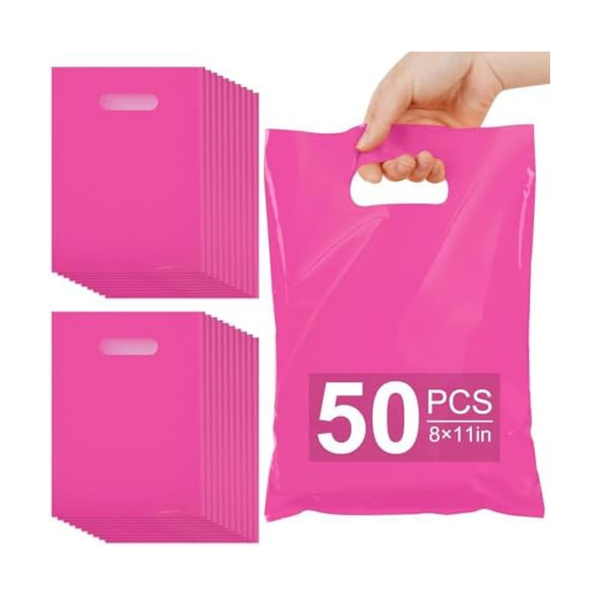 VieFantaisie 50 PCS Hot Pink Party Favor Bags, 8" x 11" Goodie Bags for Candy Treat Craft Easter Egg, Plastic Gift Bag with Die Cut Handles for Birthday Party, School Events & Small Business, Wedding
