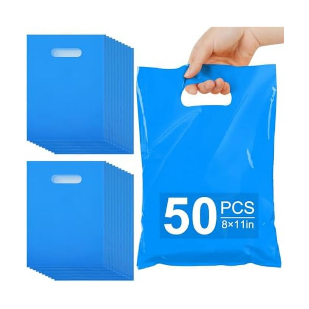 VieFantaisie 50 PCS Blue Party Favor Bags, 8" x 11" Goodie Bags for Candy Treat Craft Easter Egg, Plastic Gift Bag with Die Cut Handles for Birthday Party, School Events & Small Business, Wedding